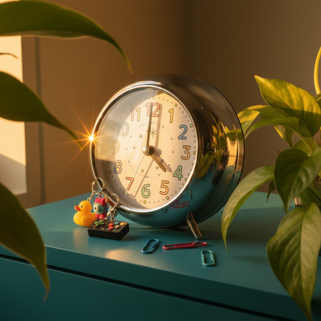 A shiny, retro alarm clock with a chubby, rounded chrome frame, its face adorned with cheerful pastel numbers and doodled stars, set atop a vibrant teal nightstand littered with quirky keychains and a couple of bent, colorful paperclips. Surrounding the clock, lush houseplant leaves spill into the foreground, bathed in gentle golden-hour sunlight that creates dazzling reflections on the clock's surface and adds a dynamic, energetic glow to the composition. The shot is from a low, slightly angled perspective, emphasizing the bold, playful mood. This image blends photographic realism and a whimsical aesthetic—perfect for a blog chronicling the bittersweet rush of turning forty.